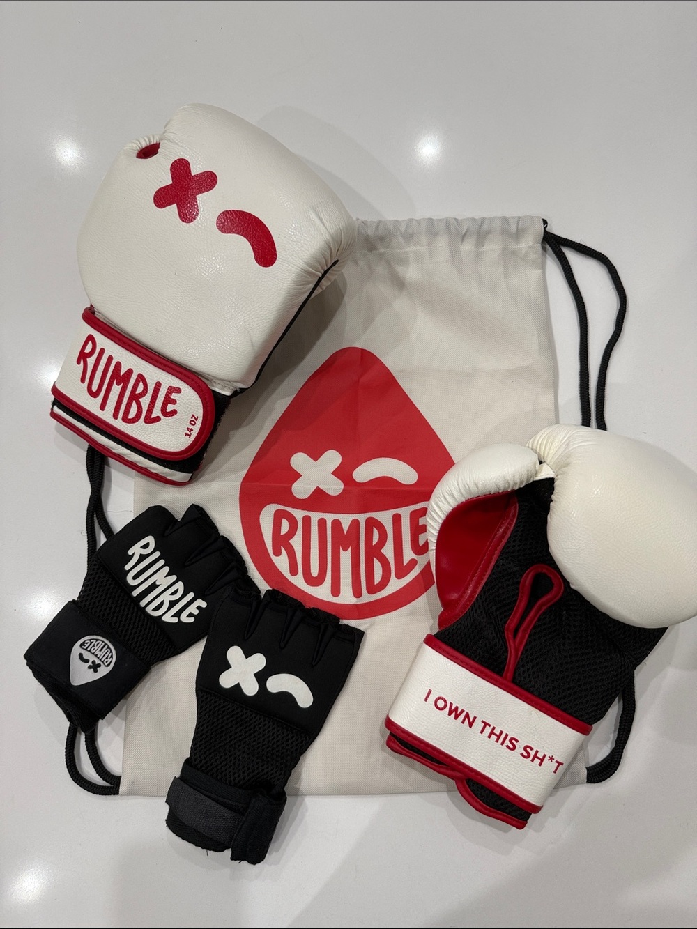 Rumble Boxing Limited Edition White & Black Boxing Gloves, Wraps, and Bag Set